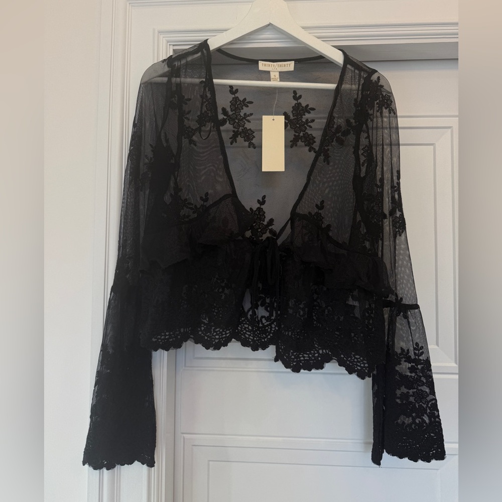Thistle & Spire Black Lace Sheer Tie-Front Top